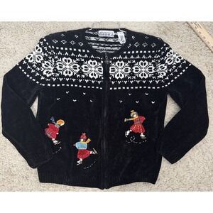 VTG Alfred Dunner Fair‎ Isle Ice Skating Zip Up Cardigan Sweater Sz PL Christmas